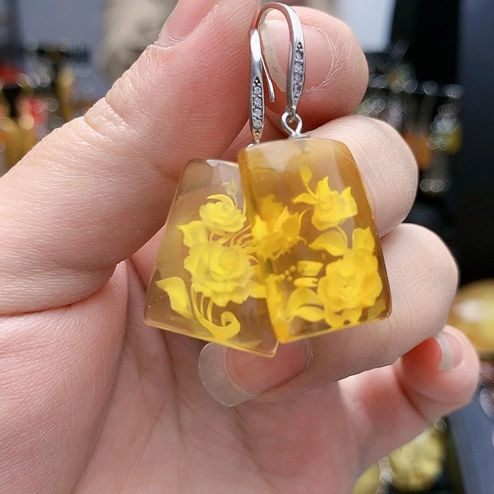 琥珀裸石银S925镶嵌耳坠