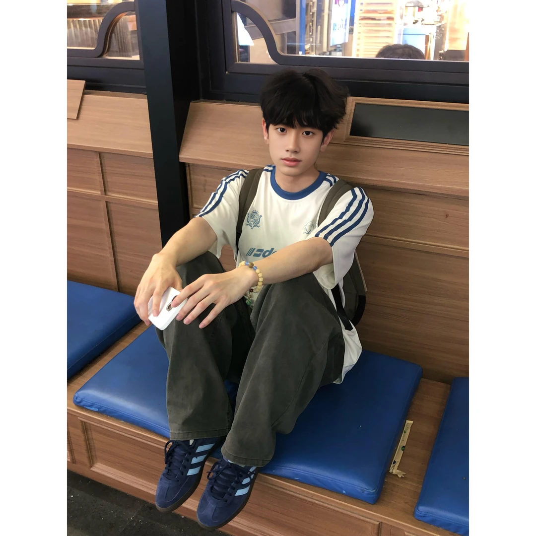 美式纯棉三条杠字母印花短袖T恤男春夏季潮牌宽松石膏白拉蓝上衣