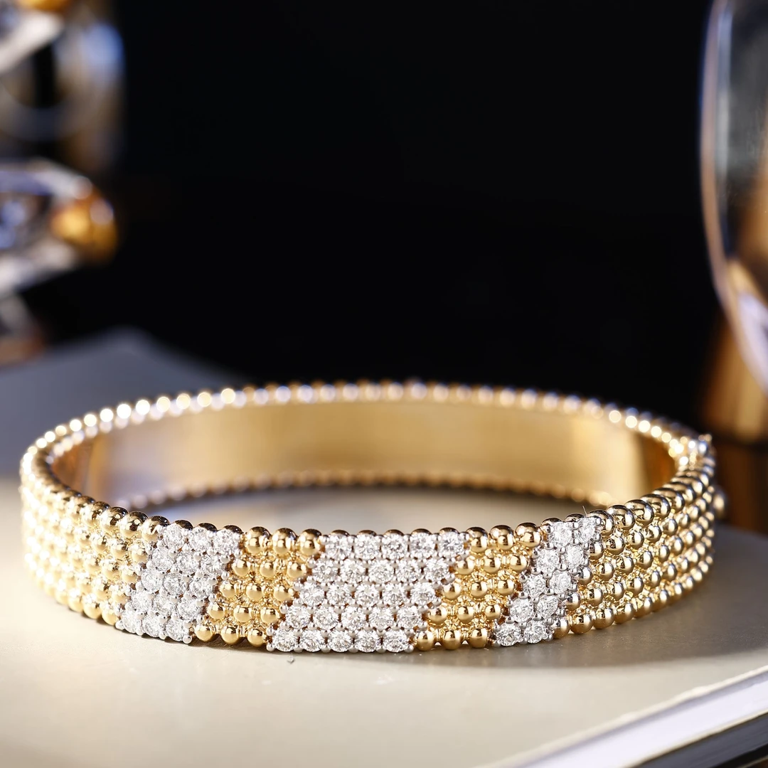 18K金钻石宽版珠珠手镯 CZ (定制品质48小时鉴赏期)