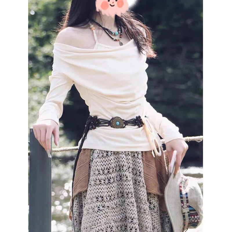 大码复古时尚套装早春挂脖荡领上衣假两件格子半裙两件套1700#