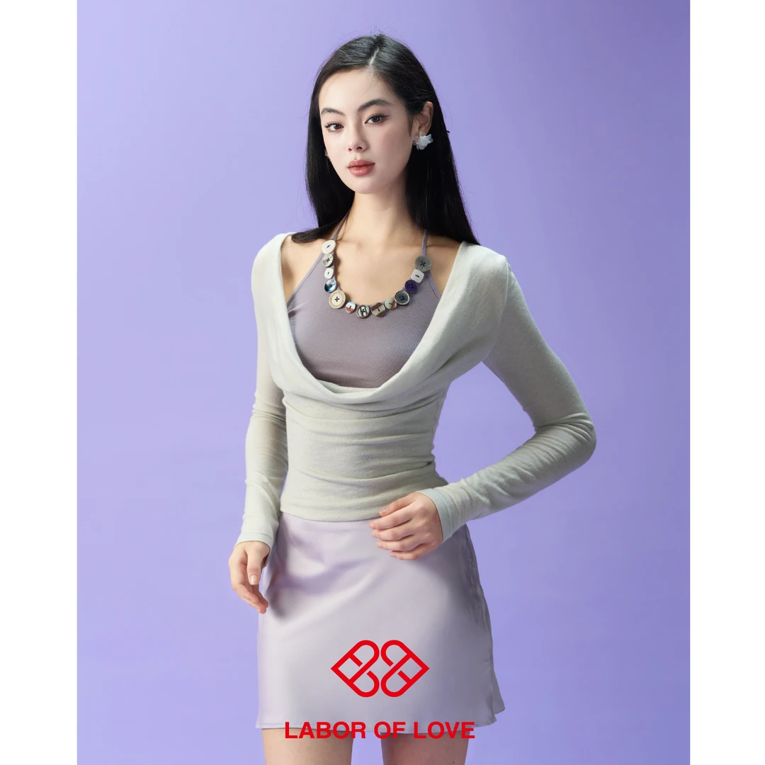 Labor of Love 天青烟雨 原创设计淡绿灰紫异形扣荡领针织女上衣