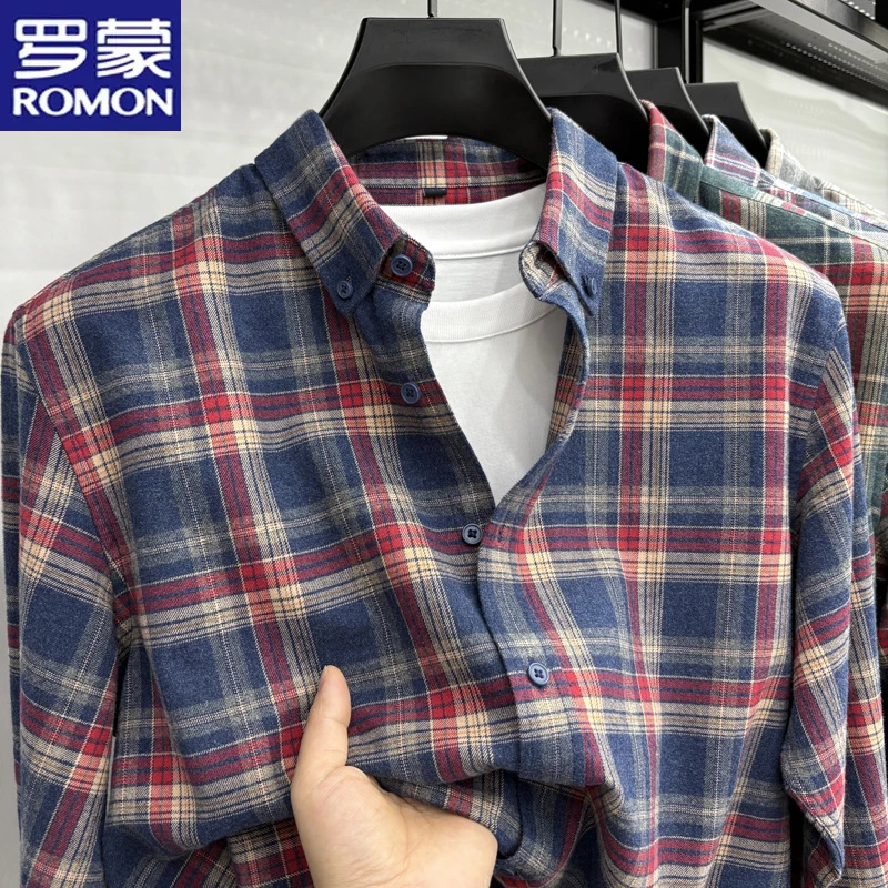 罗蒙品牌新款100%纯棉磨毛格纹长袖衬衫时尚复古潮流百搭衬衣男装