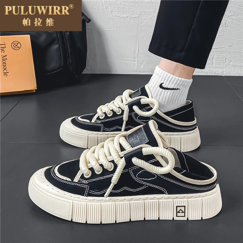 帆布男鞋夏季透气休闲懒人无后跟半拖一脚蹬布鞋运动厚底板鞋潮鞋