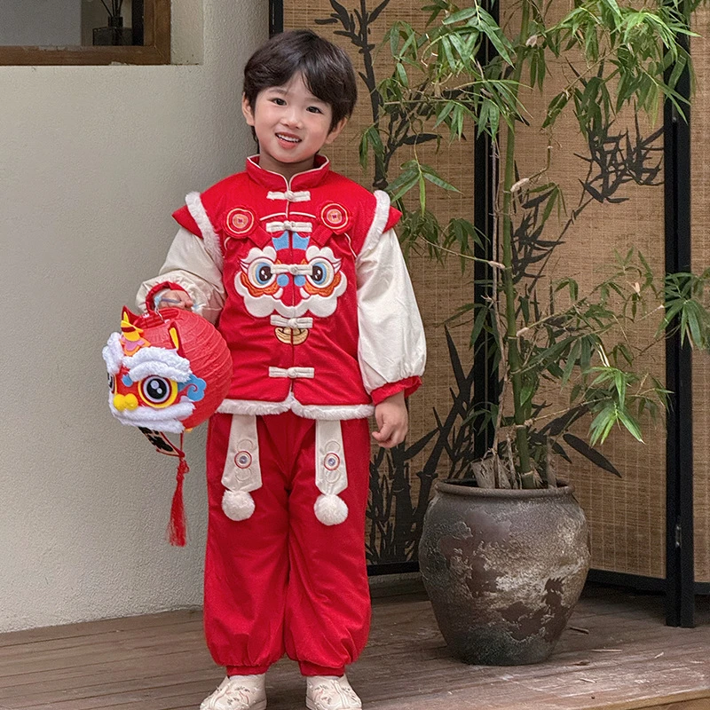 汉服儿童冬款儿童舞狮龙年拜年服中小童男宝宝套装中式风唐装喜庆