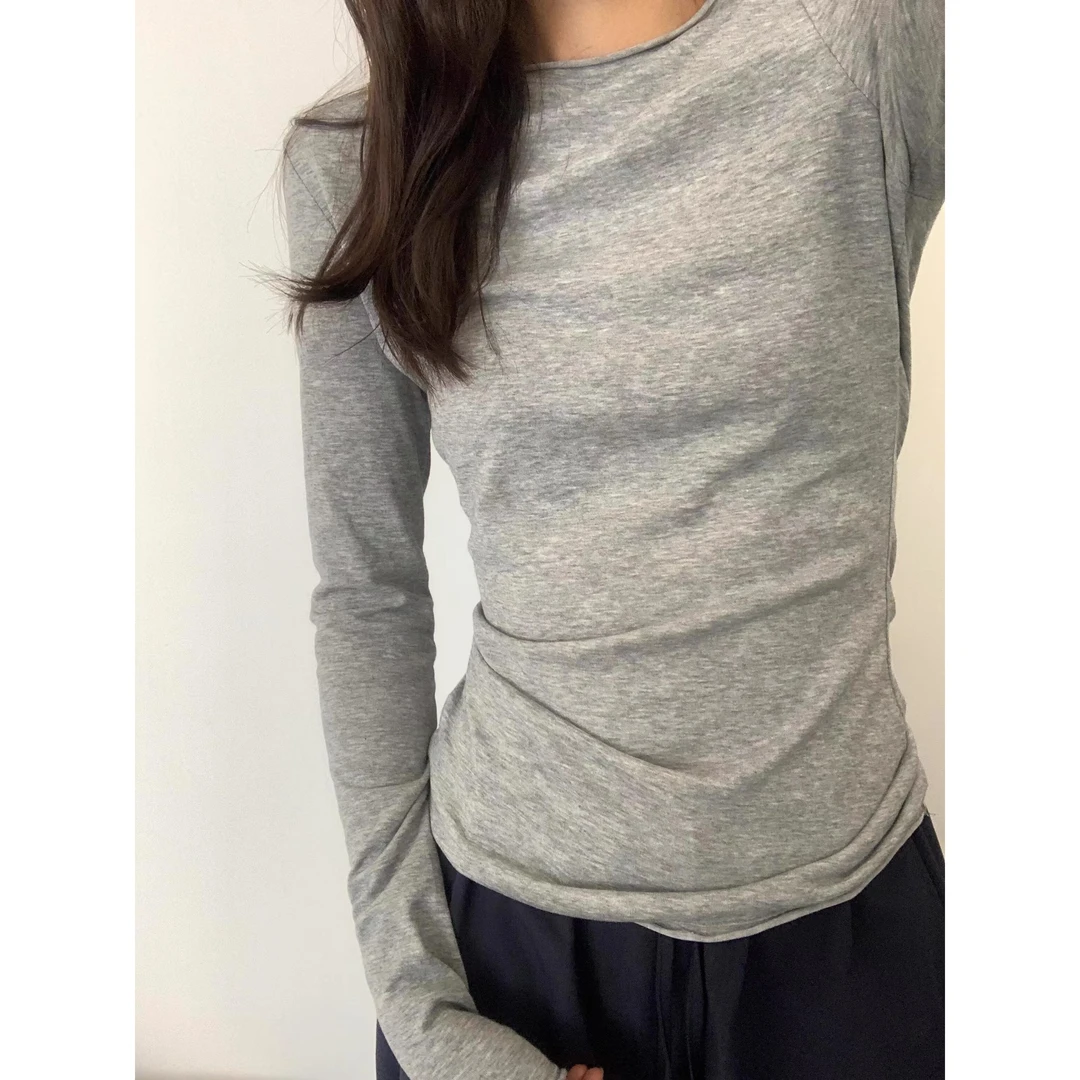 灰色正肩长袖t恤女早秋季2024新款修身内搭打底衫松弛感卷边上衣