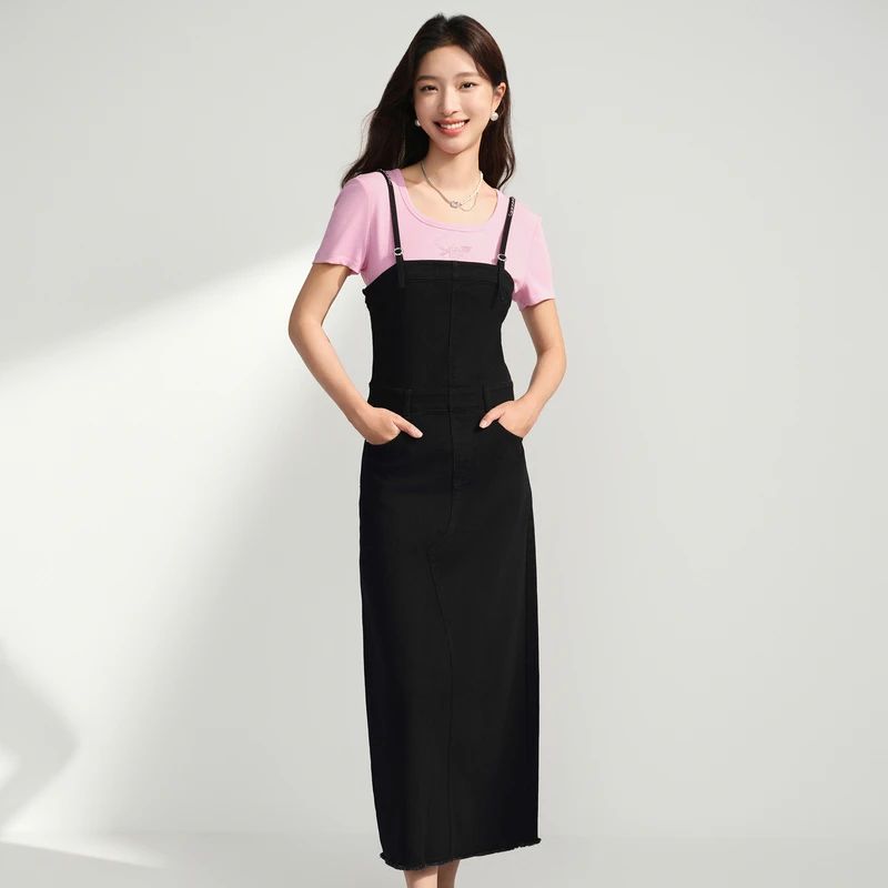 【小香风牛仔】设计感显瘦吊带连衣裙收腰长裙DOUBLOVE贝爱早秋新款