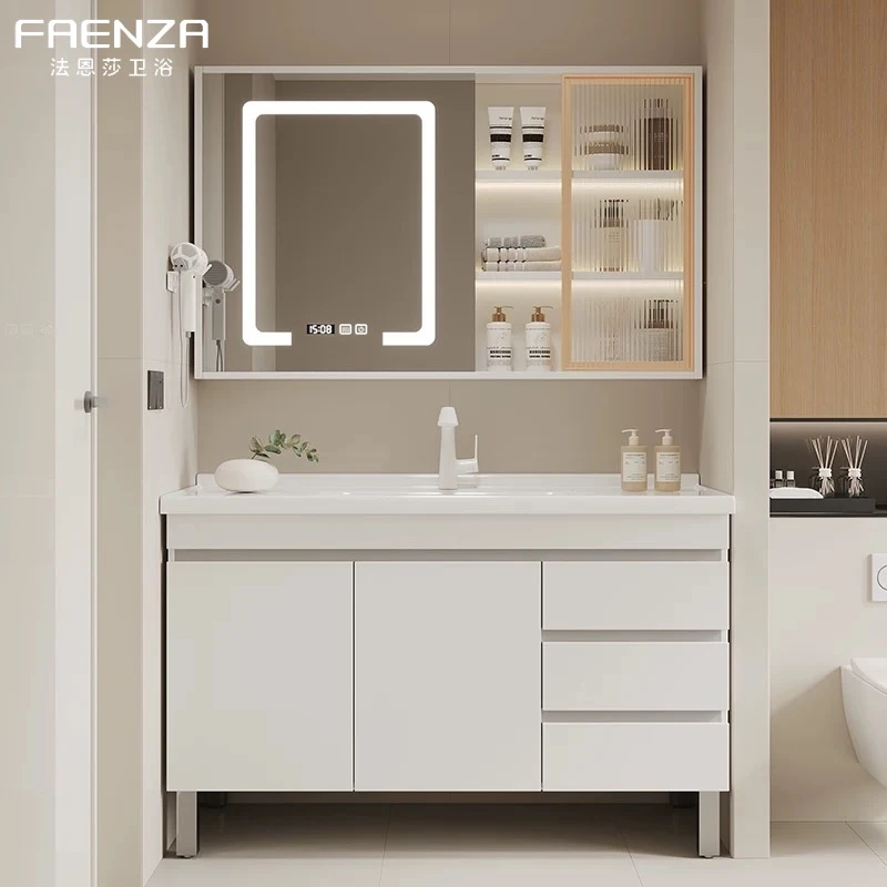 法恩莎新室柜奶油风洗手洗漱洗脸盆实木智能落地式洗手池陶瓷一体