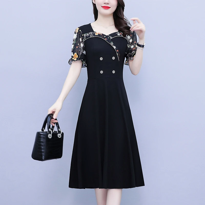 夏季新款大码女装胖mm雪纺提花中年妈妈短袖中长款连衣裙