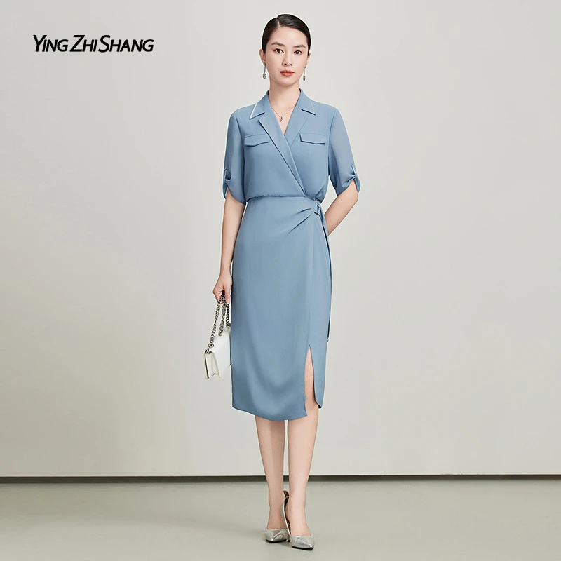 赢智尚轻奢连衣裙2025夏新款五分袖X型略松中长款连衣裙ZF03777