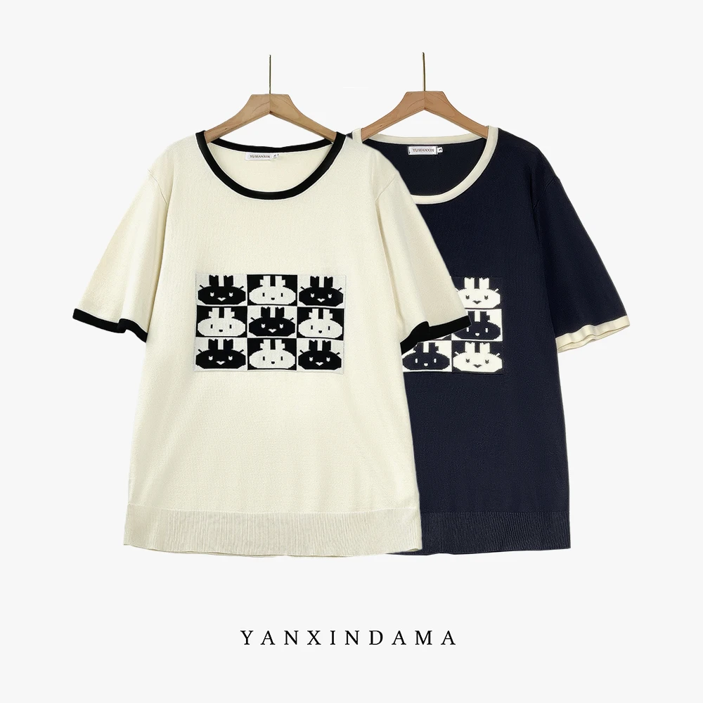 大码女装300斤胖MM韩版宽松印花ins减龄时尚圆领半袖针织衫8178