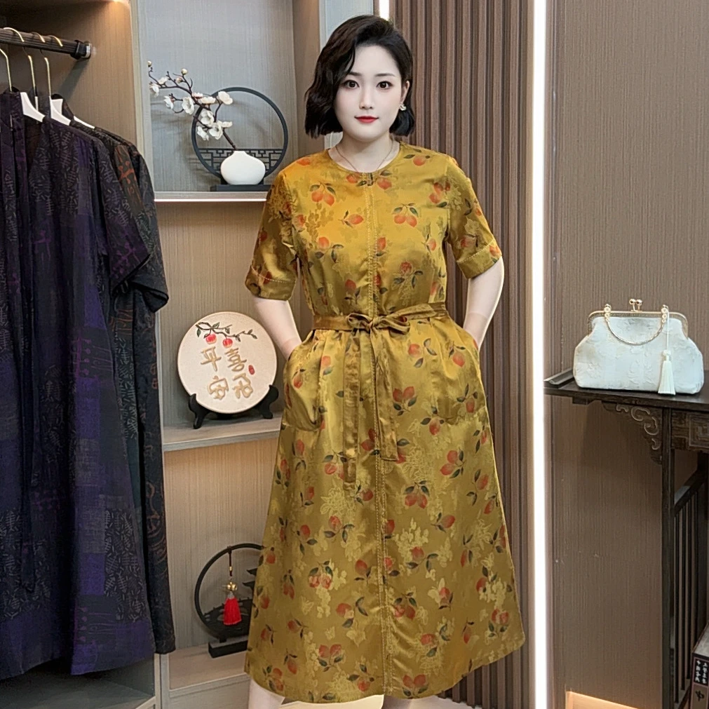 【铃兰】2025新款高端重磅双面双穿新中风印花时尚显瘦连衣裙