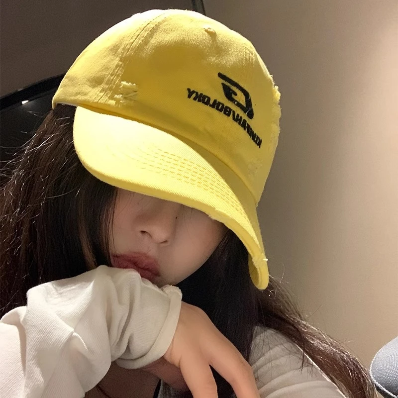 美式嘻哈刺绣破洞棒球子帽女夏季2025新款显脸小宽帽檐加深鸭舌帽