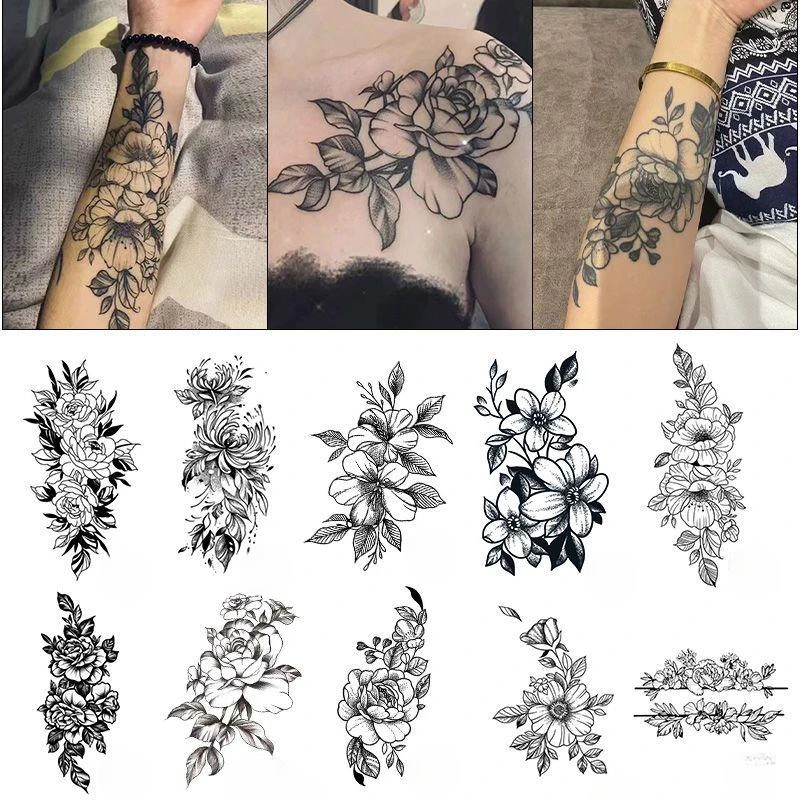 素花牡丹花纹身贴纸草本半永久手臂花臂网红同款男仿真防汗持久