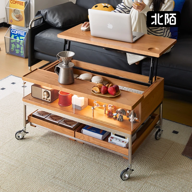 北陌折叠实木茶几樱桃木可移动客厅原木风滑轮小推车收纳茶桌