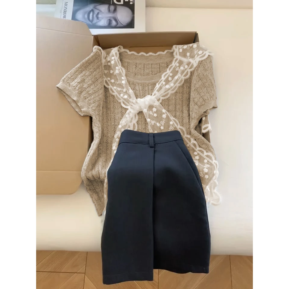 YIGUJIE/依古街韩版气质蕾丝披肩短袖针织衫2025夏季设计感上衣