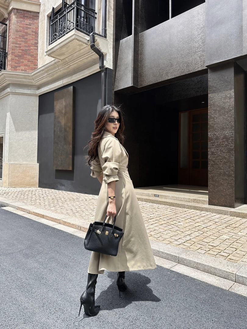 【清仓】秋季新款中长款气质收腰显瘦风衣X型修身双排扣外套LH85007