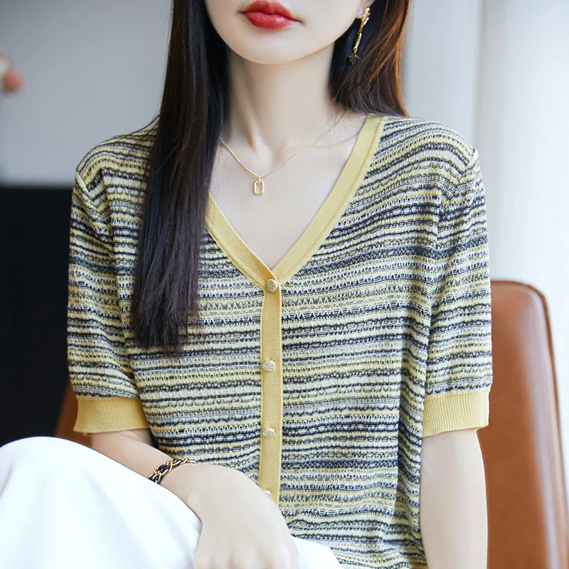 撞色条纹V领薄款短袖针织开衫上衣气质洋气时尚夏季拼色显瘦T恤