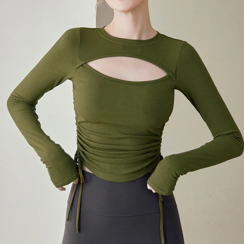 瑜伽服女新款修身带胸垫针织健身服运动户外镂空高弹长袖t恤上衣