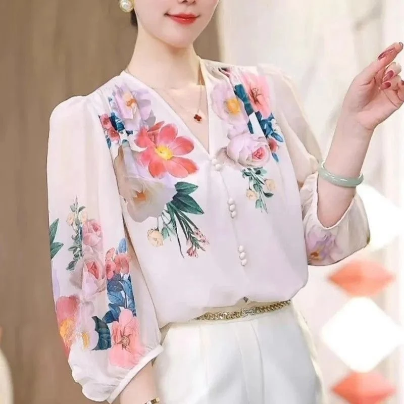 漂亮新款上衣女士衬衫宽松雪纺甜美纯欲慵懒风女装夏季女装衣服