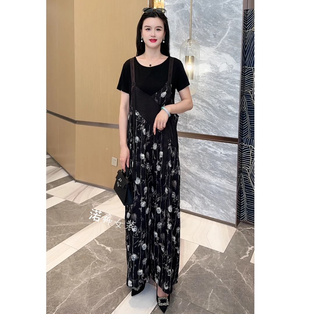 2025夏季印花拼接时尚洋气宽松背带连体裤两件套