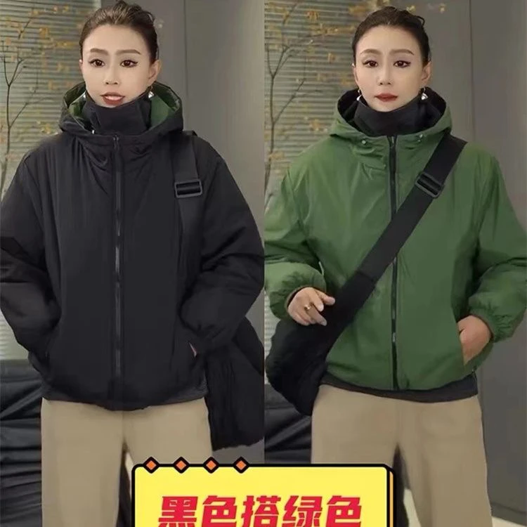 两面穿撞色连帽休闲轻薄棉服外套女秋冬新款宽松显瘦加厚女款上衣