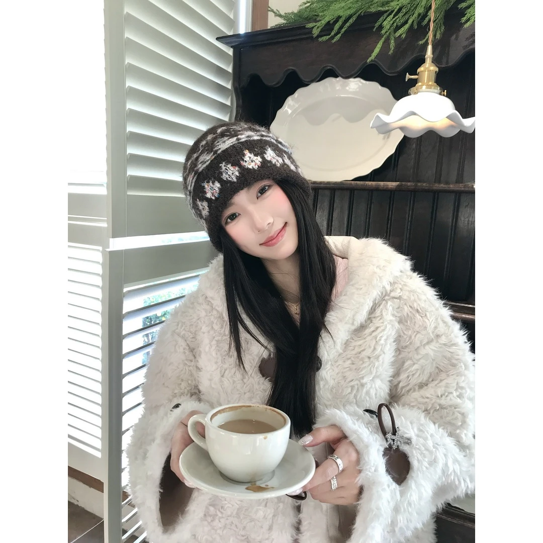 提花卷边费尔岛针织帽女含羊毛秋冬保暖毛线冷帽