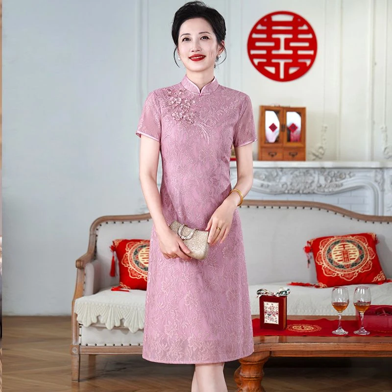 高档喜婆婆婚宴礼服年轻妈妈粉色蕾丝改良旗袍婚庆装夏装连衣裙