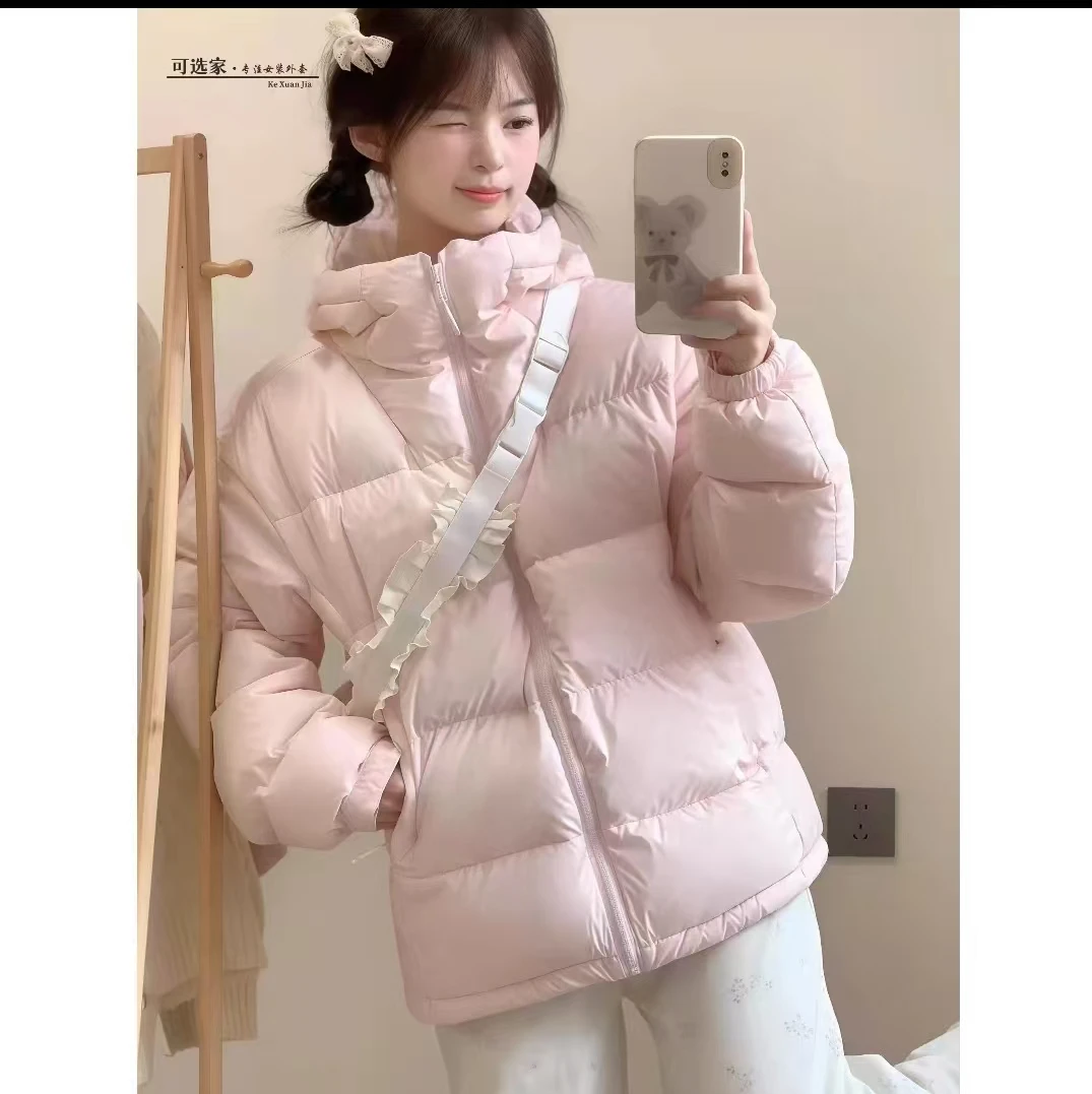 连帽短款长袖学院风粉色短轻薄立领保暖ins