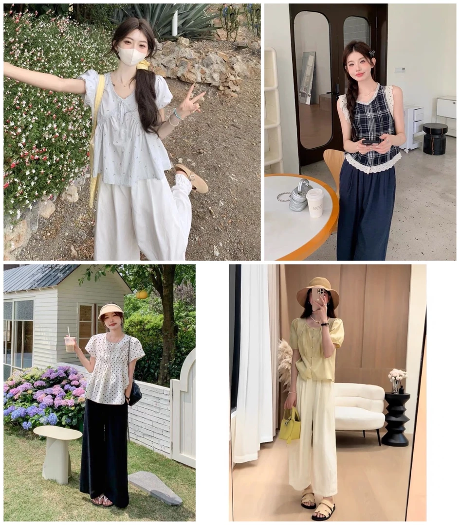 101上衣加阔腿裤两件套 新款时尚显瘦设计衬衫洋气碎花夏季韩版