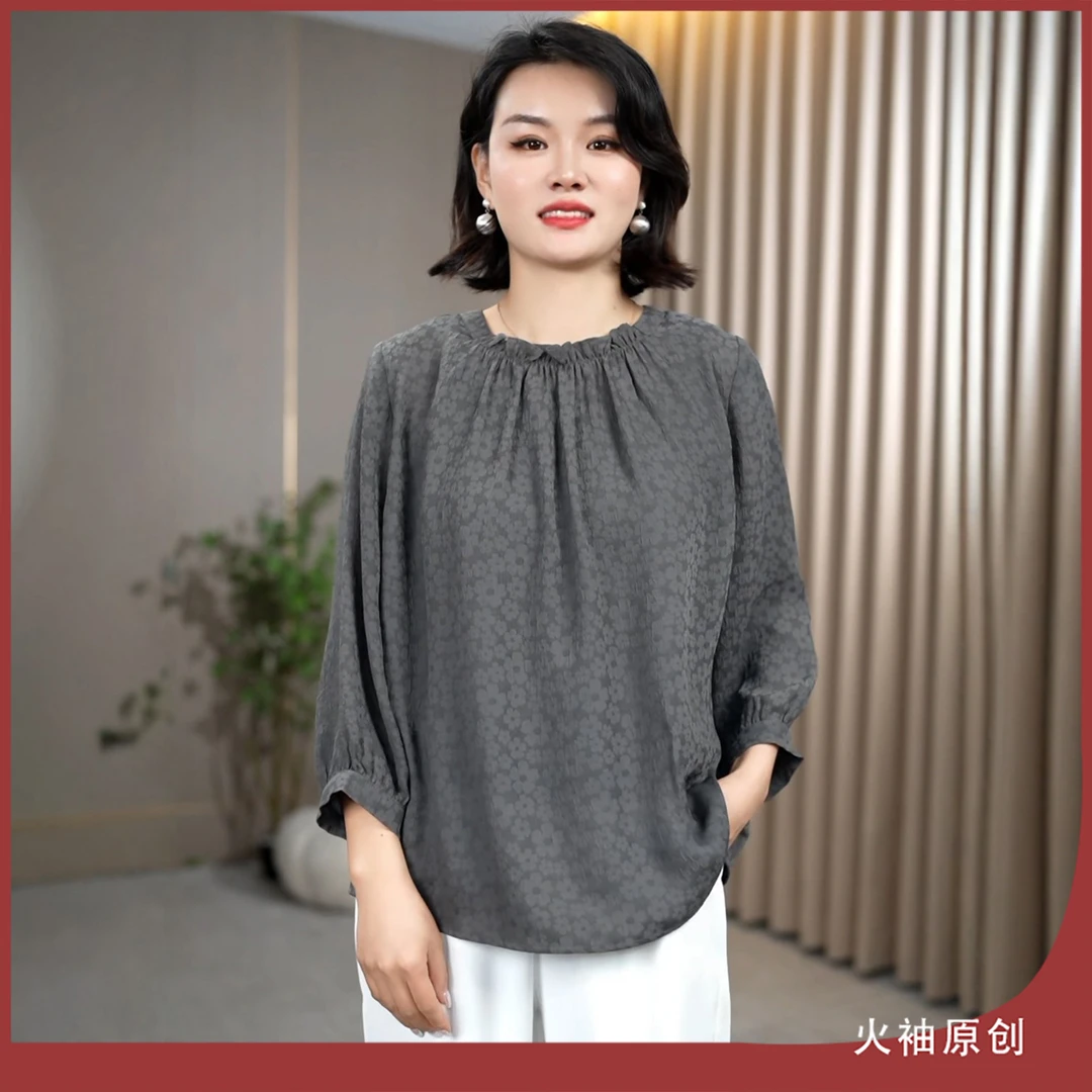 火袖G2558中老年妈妈装简约圆领上衣早春新款洋气宽松遮肚子小衫