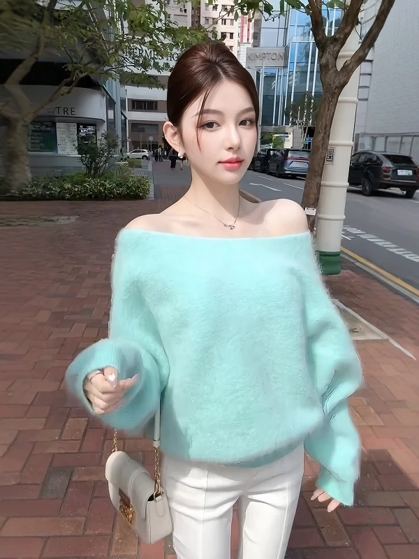 慵懒风一字肩毛衣女冬蓝色宽松显瘦高级感氛围感针织衫巨好看上衣