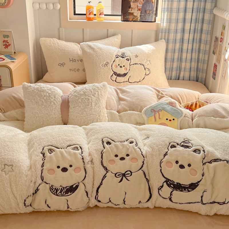 卡通奶咖西高地毛巾绣高克重泰迪绒牛奶绒床上四件套被套床单床笠
