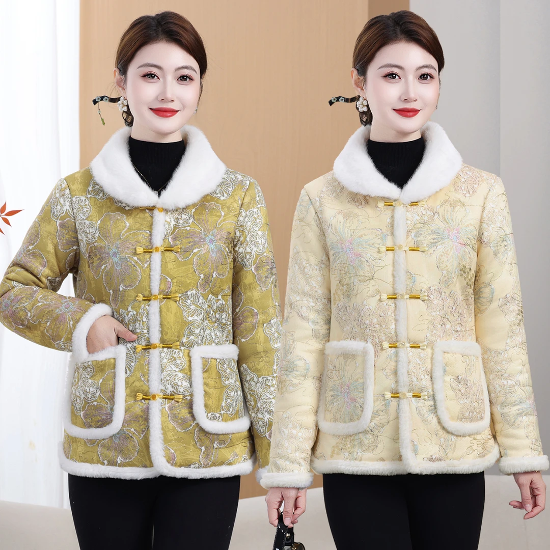 冬季新中式娃娃领棉袄复古加绒国风棉袄民族风翻领保暖棉衣