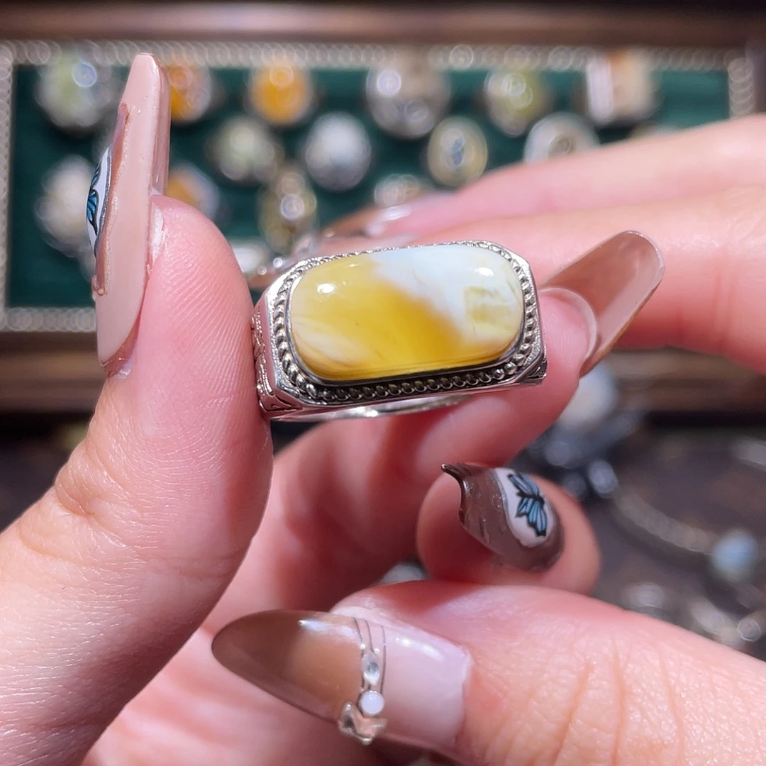 琥珀银S925镶嵌戒指