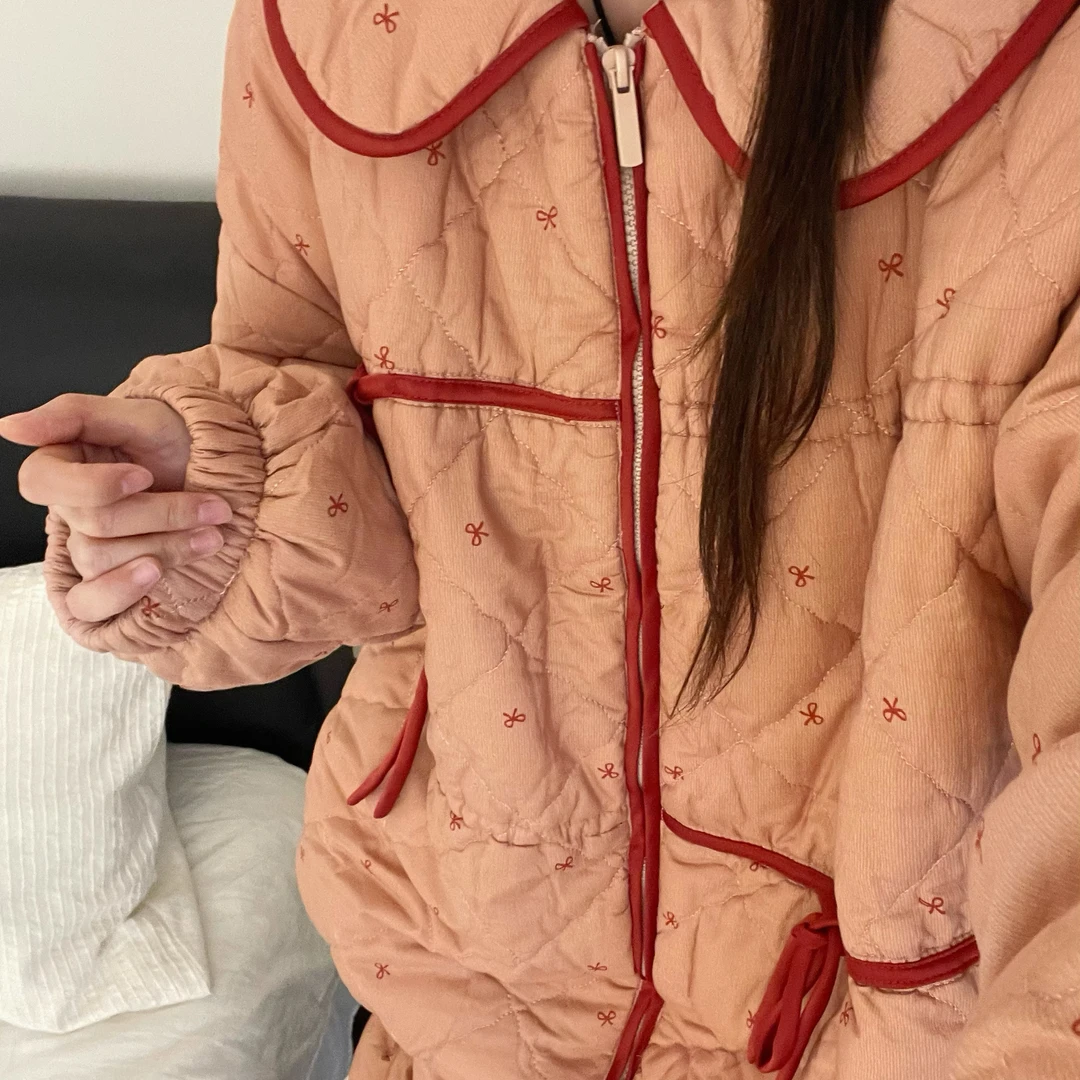 复古桃粉蝴蝶结撞色印花夹棉睡衣女冬季款加厚保暖外穿家居服套装