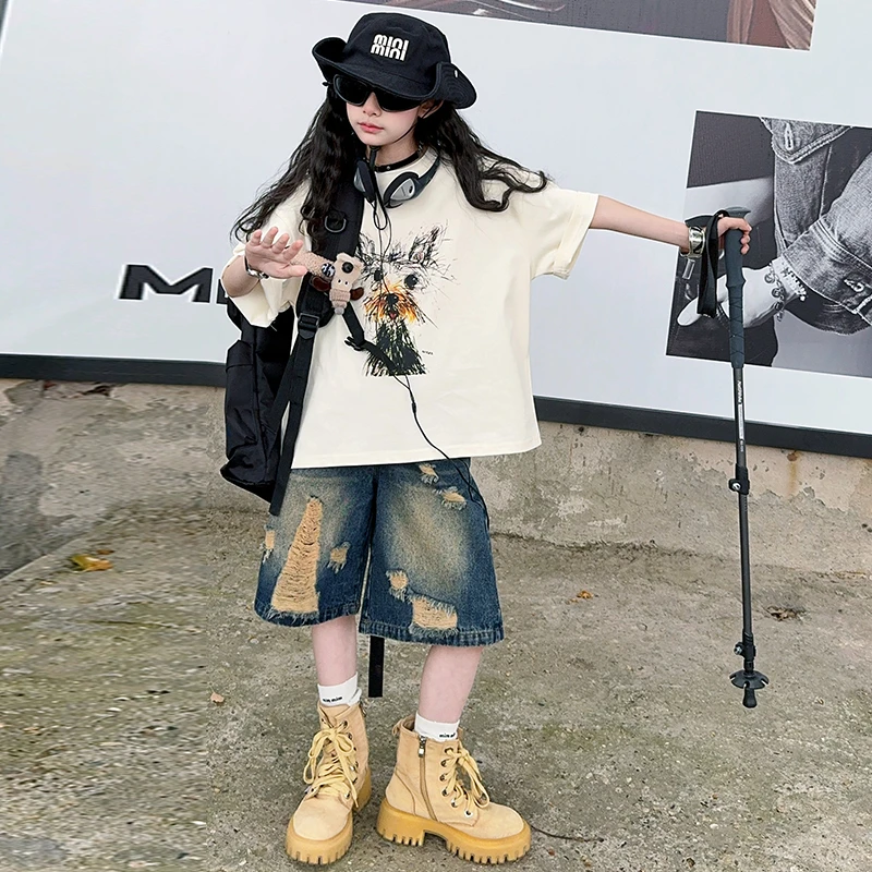 女童洋气套装2025夏季卡通小狗短袖休闲T恤女孩运动宽松破洞中裤8