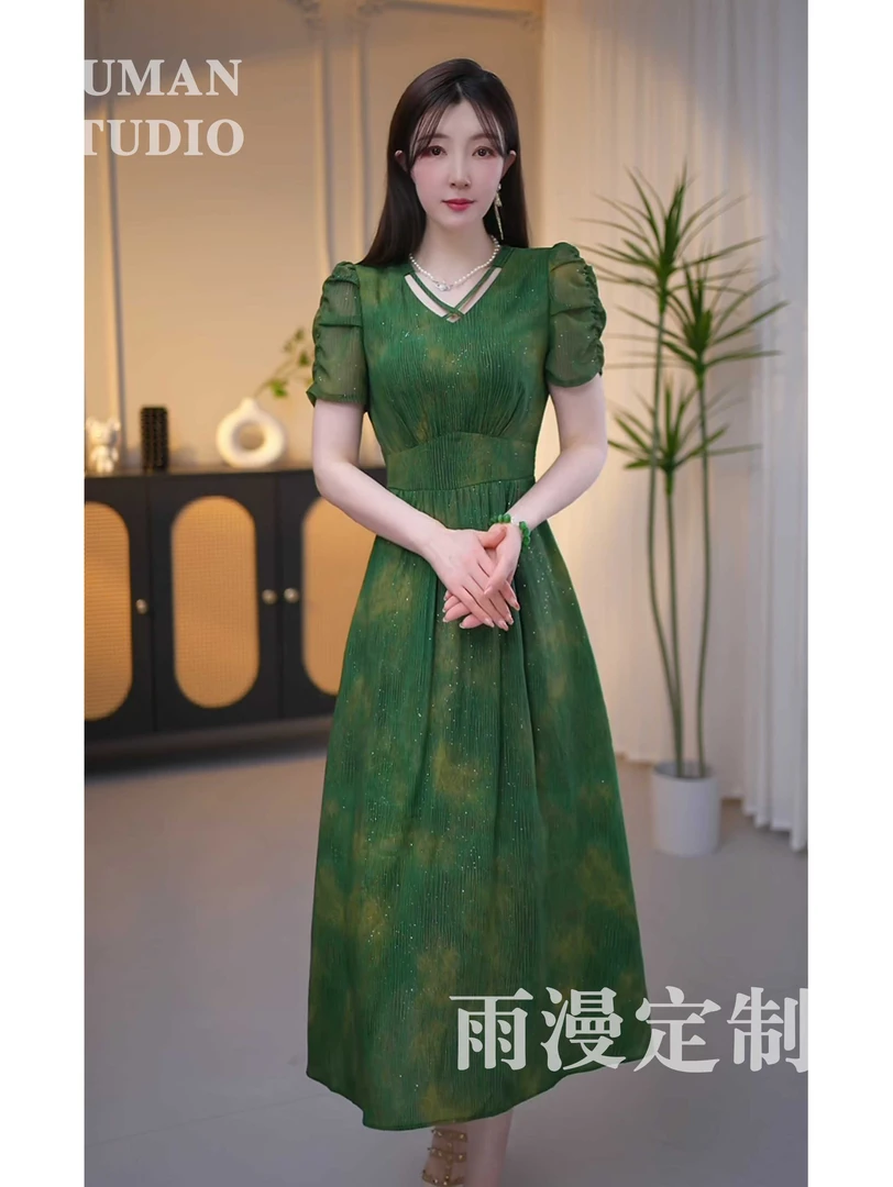 兰依袖--绿野仙踪  深绿色小碎花休闲风仙女袖显瘦复古收腰长裙