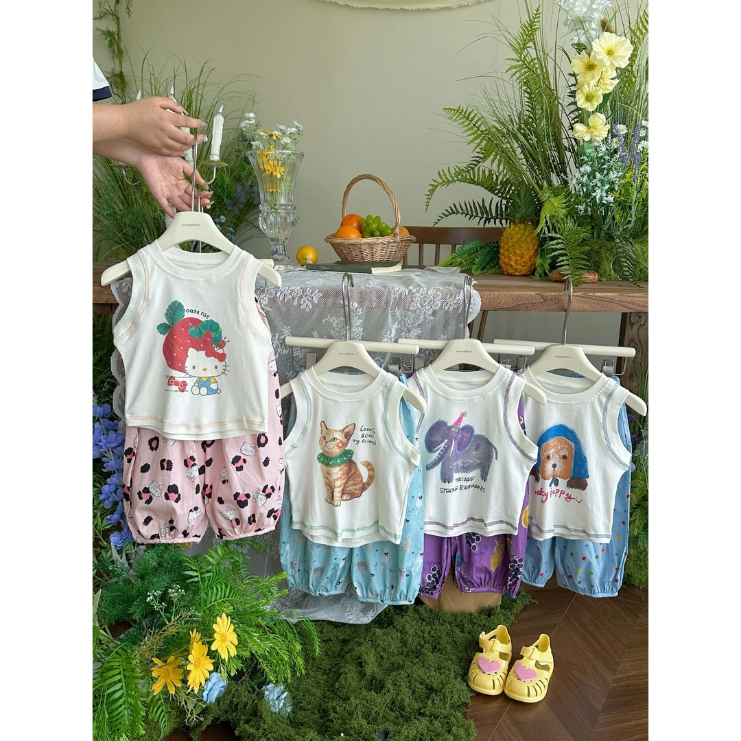 【橘子家】女童卡通背心九分裤两件套夏款儿童休闲套装HS62476