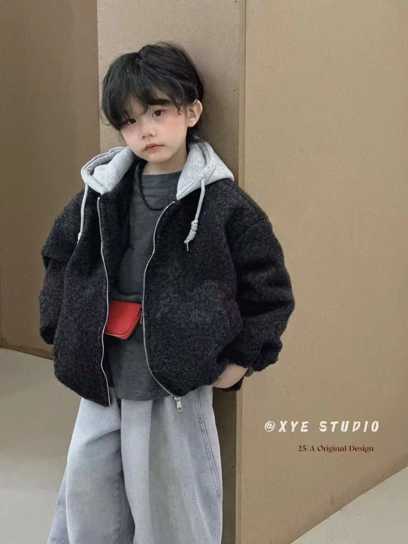 {加厚]2025儿童秋冬时尚洋气韩版宽松潮款毛呢棉服外套