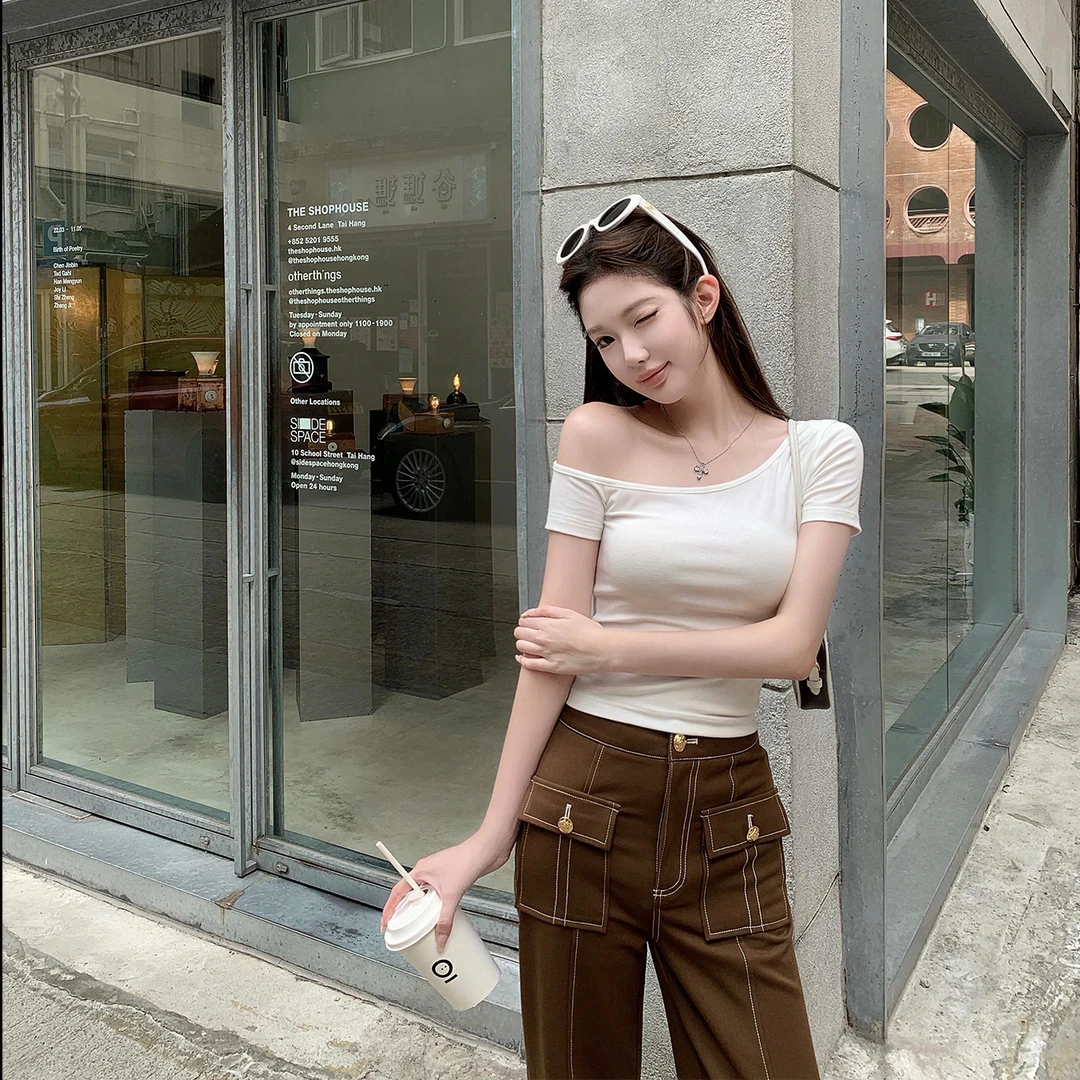 2025新款休闲简约斜肩修身显瘦百搭套头紧身露肩纯欲短袖T恤上衣