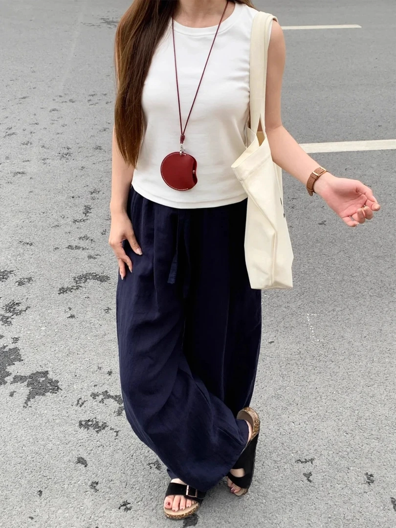 藏青色天丝亚麻阔腿裤子女夏款胖妹妹宽松梨型身材休闲弯刀拖地裤
