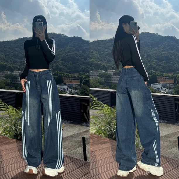 秋季美式复古拼条休闲牛仔裤弯刀裤