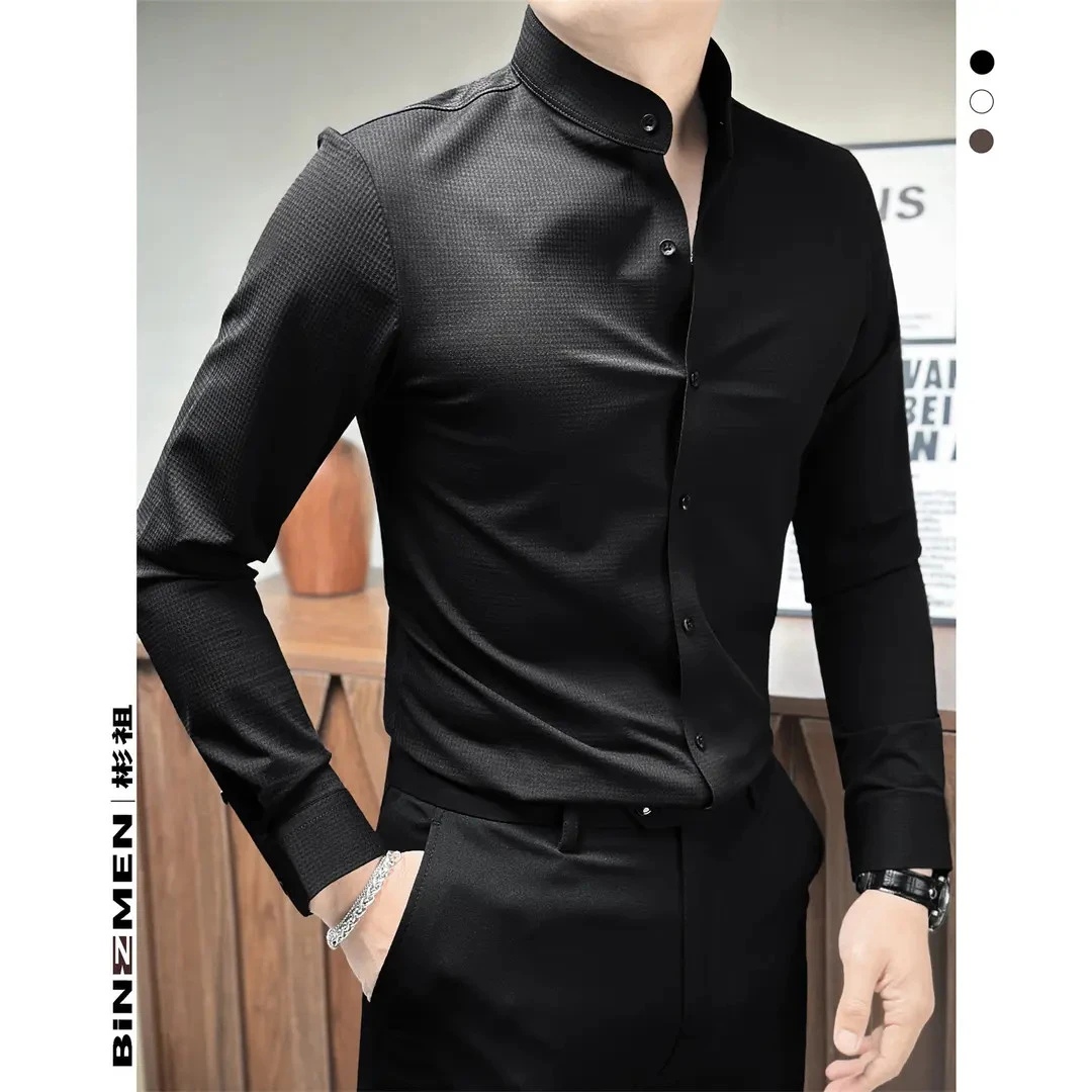 立领华夫格衬衫长袖商务休闲白色正装高级感男装修身上衣格子衬衣