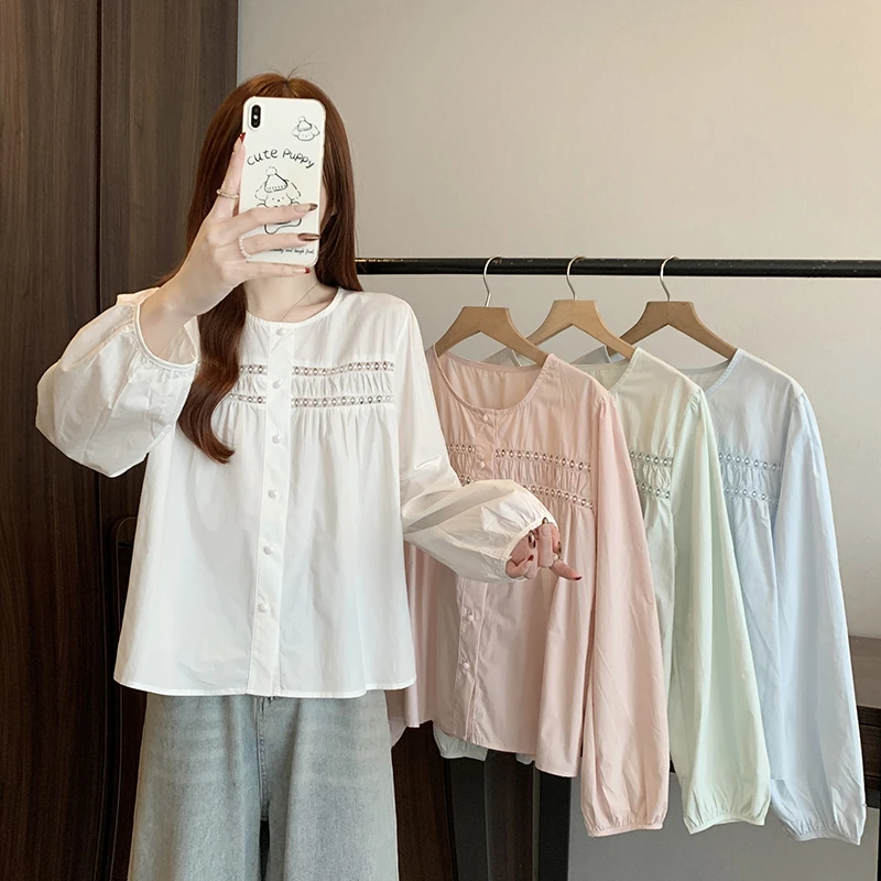 【鱼白专属】2025春装新款胖mm大码女复古蕾丝缕空减龄显瘦衬衫上衣