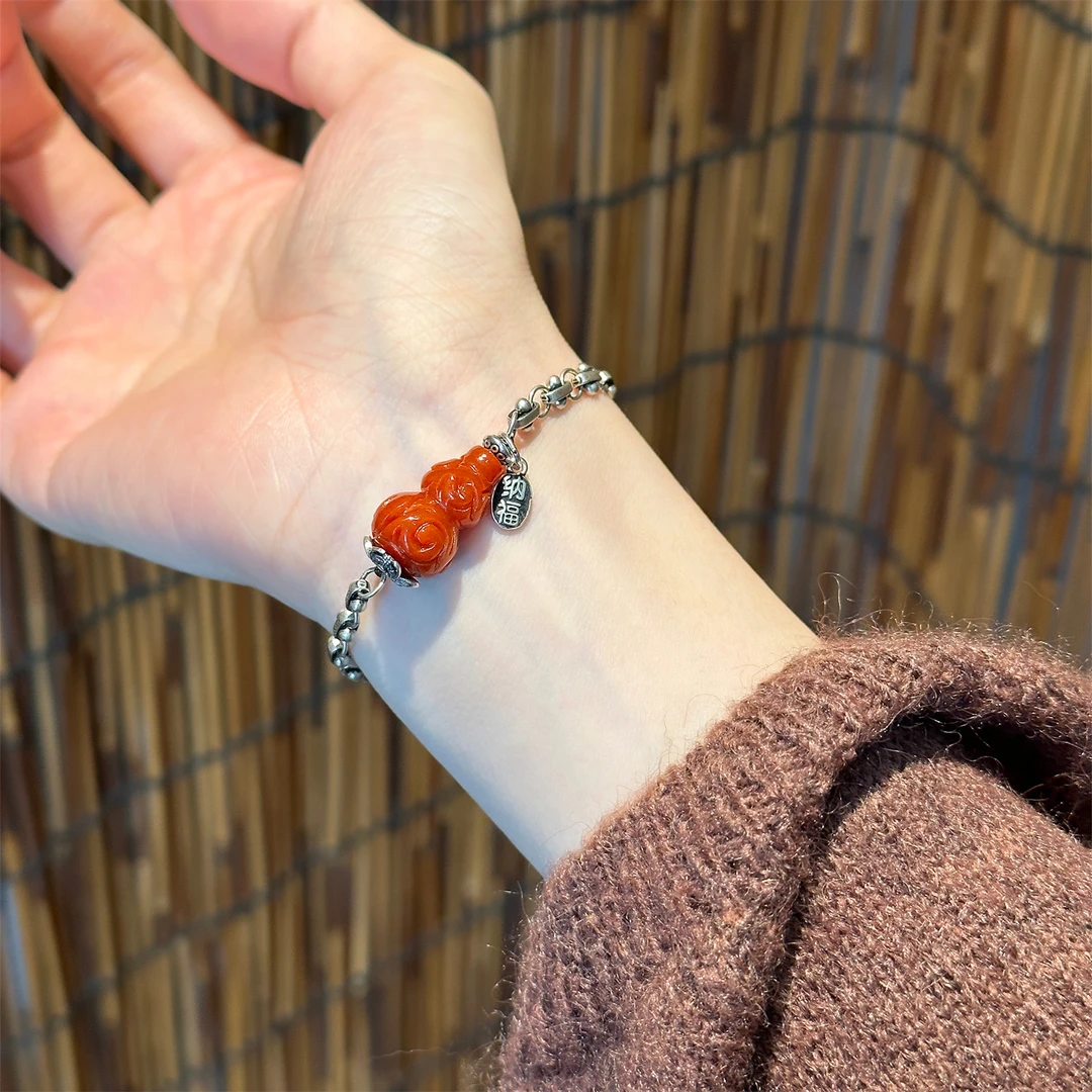 925银手链 S09504 红色葫芦飞碟珠招米纳福复古百搭手环银饰手链
