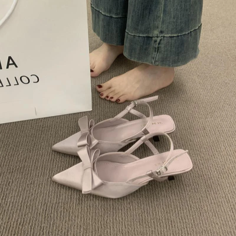 法式高级感缎面蝴蝶结温柔风晚晚鞋绝美包头凉鞋女鞋子细高跟单鞋
