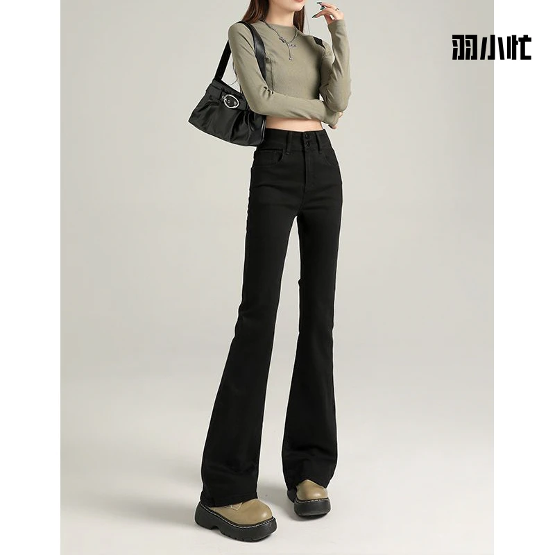 美式微喇叭牛仔裤女春季新款春秋高腰显瘦弹力双扣古色蓝喇叭裤