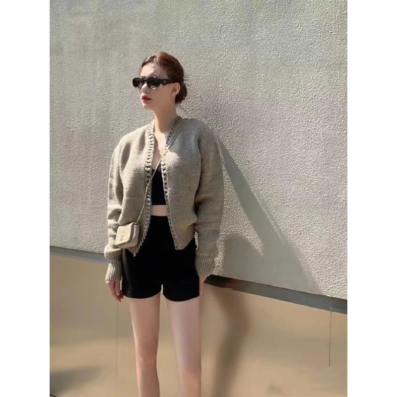 链条编织开衫重工简约小众设计净版手工编织开衫女