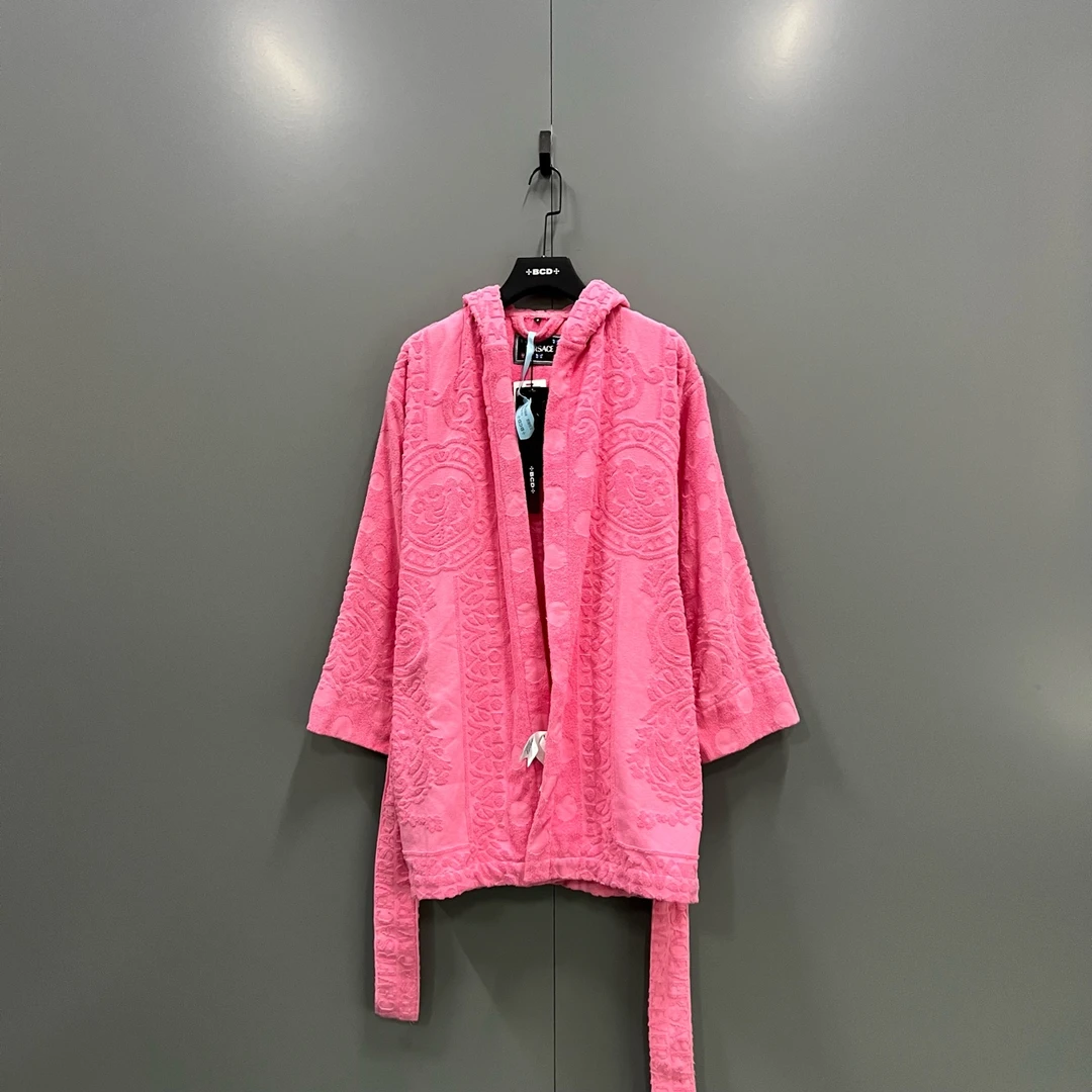 99新 VERSACE/范思哲 (zz6）粉色印花长袖连帽浴袍 S码fg204636