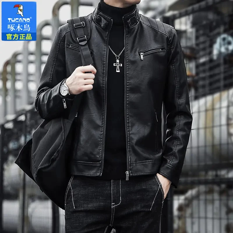啄木鳥高档海宁皮衣男士休闲韩版立领修身帅气款机车痞帅外套潮男